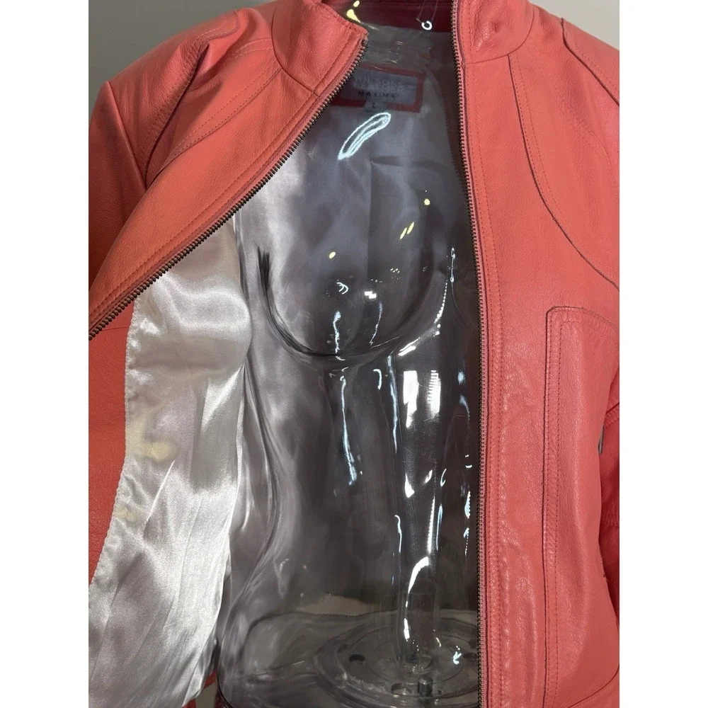 Wilsons Leather Maxima Moto Jacket‎ Womens Large Orange Biker Collarless Zip Up
